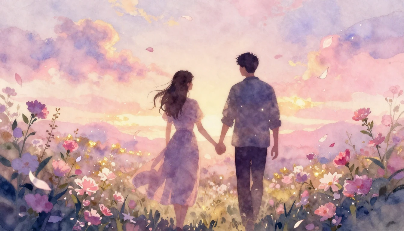 A dreamy watercolor painting of two silhouettes walking hand...