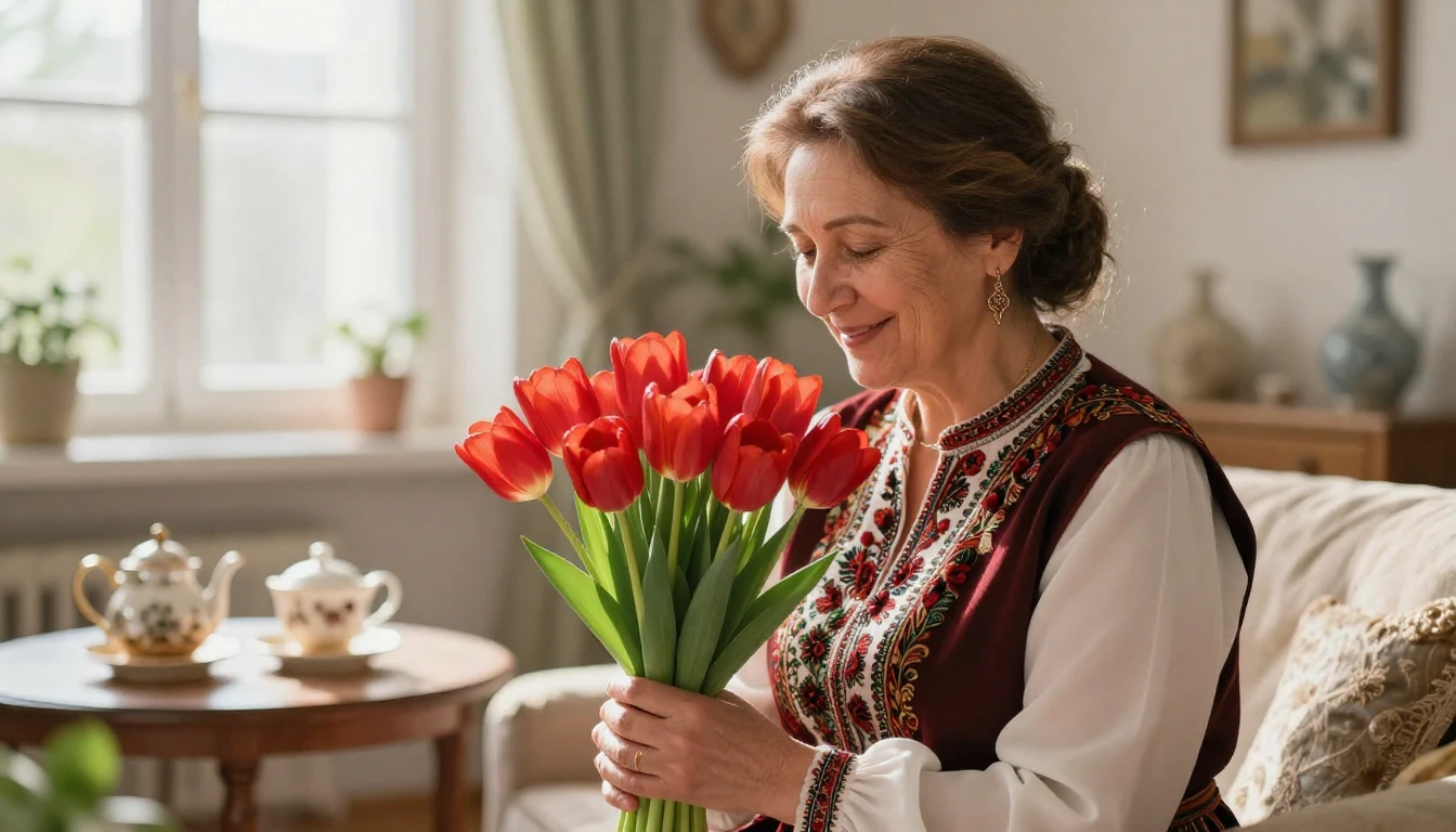 A heartwarming illustration of a middle-aged loving mother i...