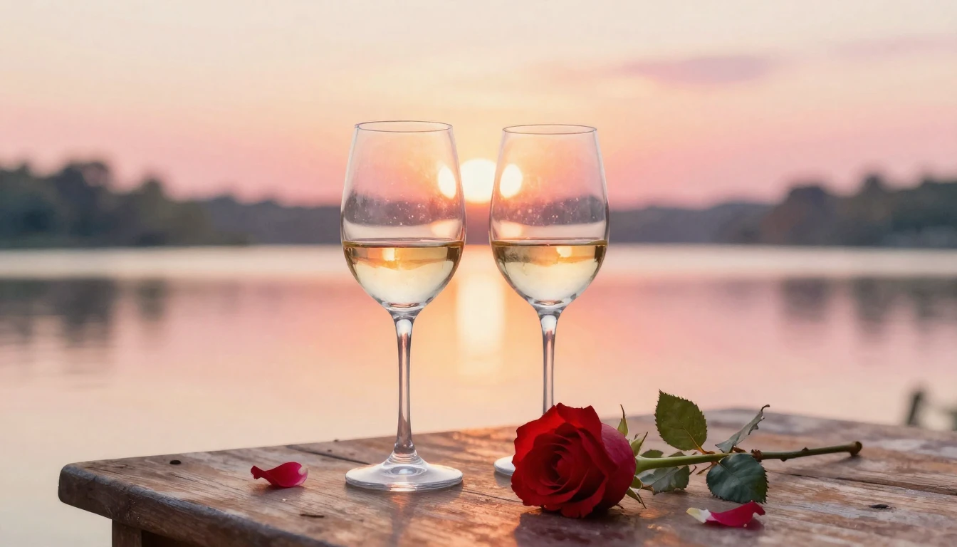 A dreamy watercolor painting of two elegant wine glasses sit...