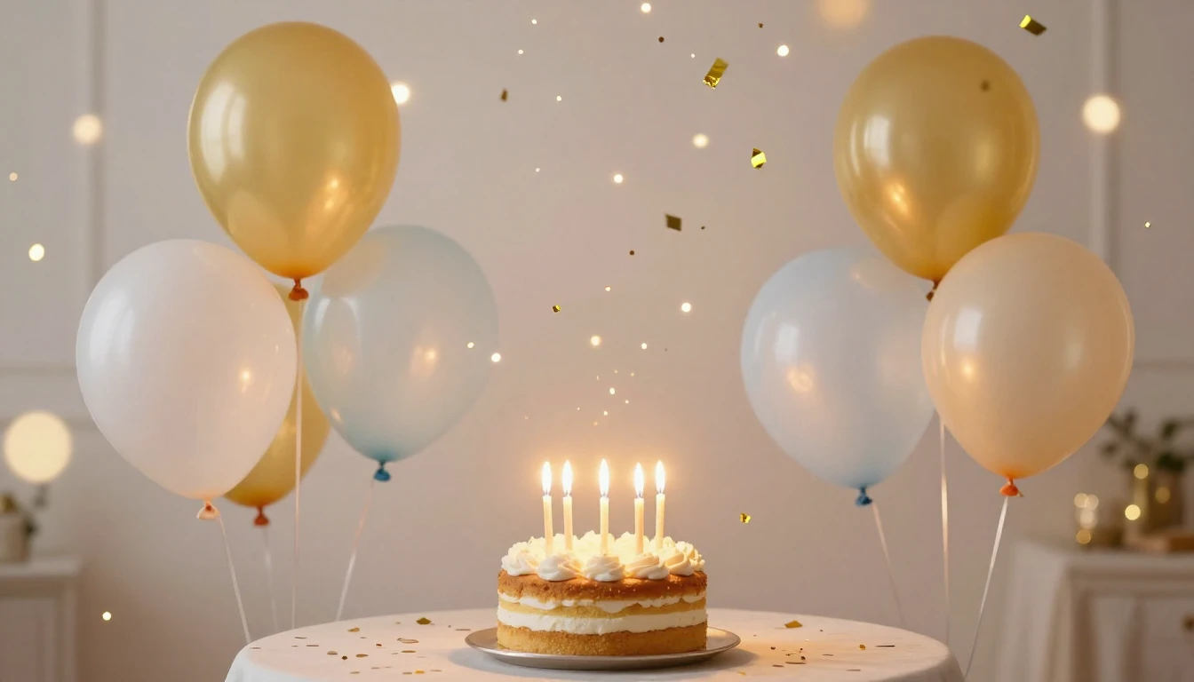 A festive and magical birthday atmosphere, featuring floatin...