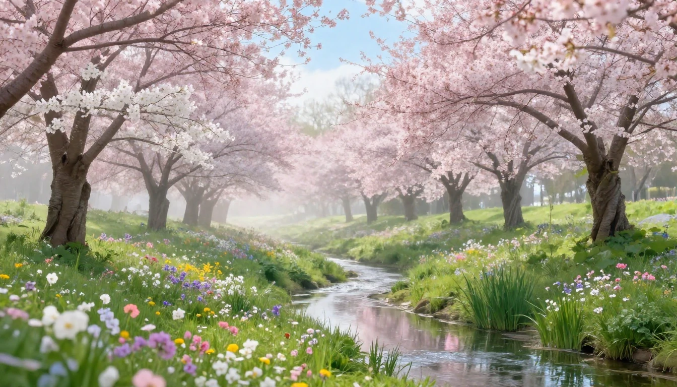 A breathtaking spring landscape featuring a lush meadow fill...