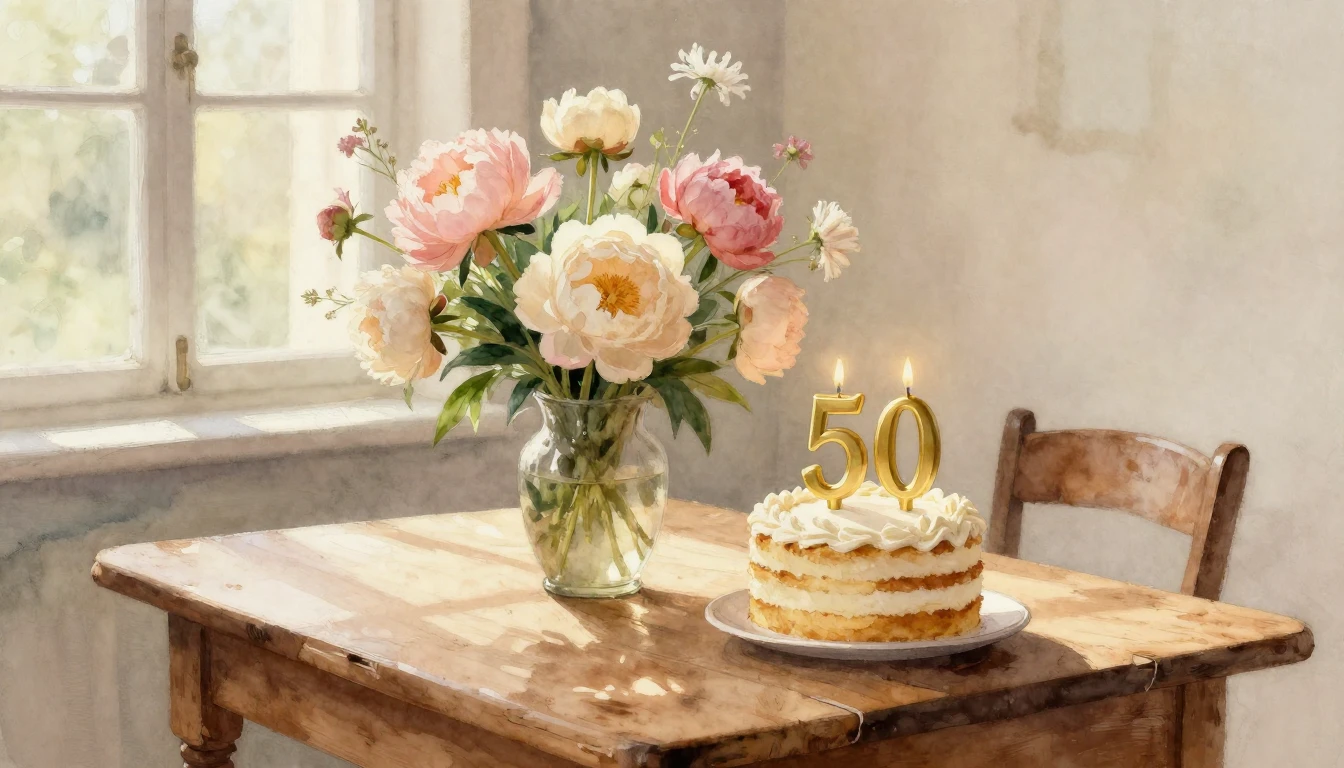 A warm and nostalgic watercolor painting representing a 50th...