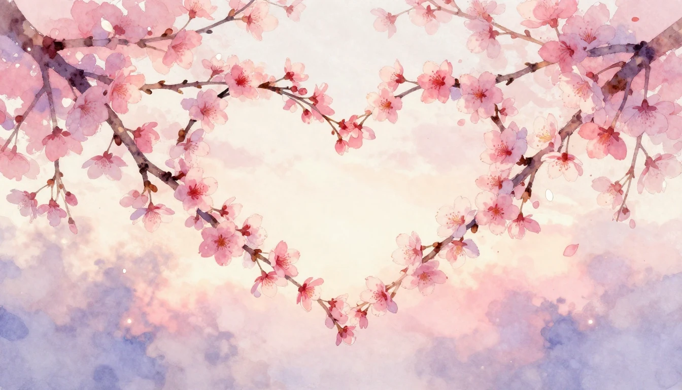 A delicate watercolor painting of two intertwined cherry blo...