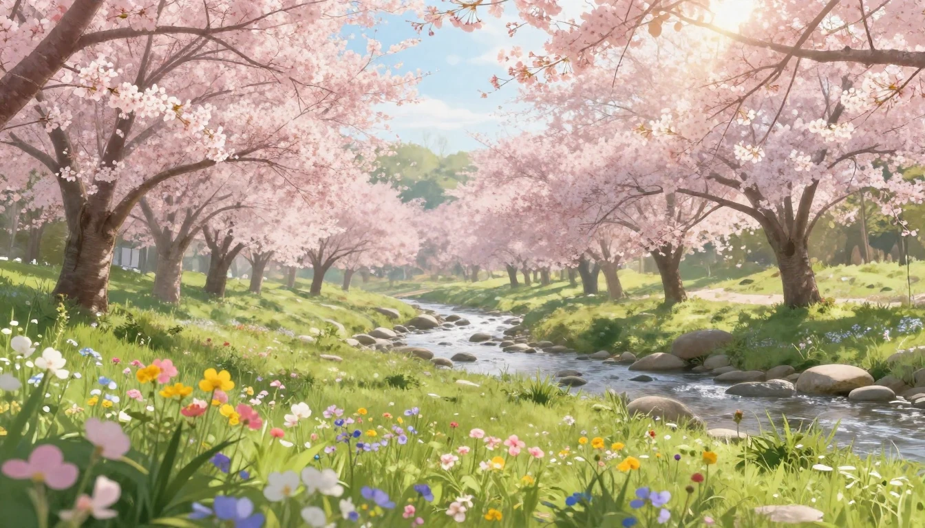 A serene landscape featuring a lush meadow filled with bloom...