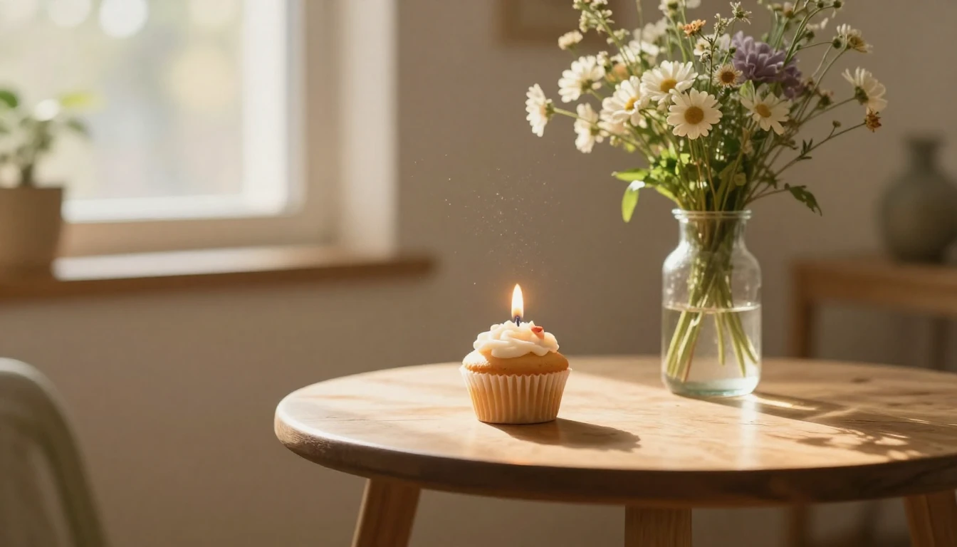 A cozy indoor scene featuring a small wooden table with a si...