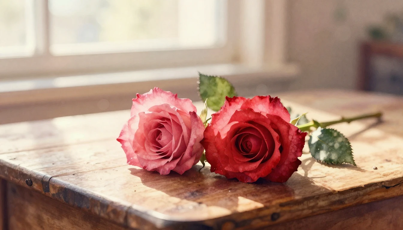 A beautiful watercolor painting of two intertwined red roses...