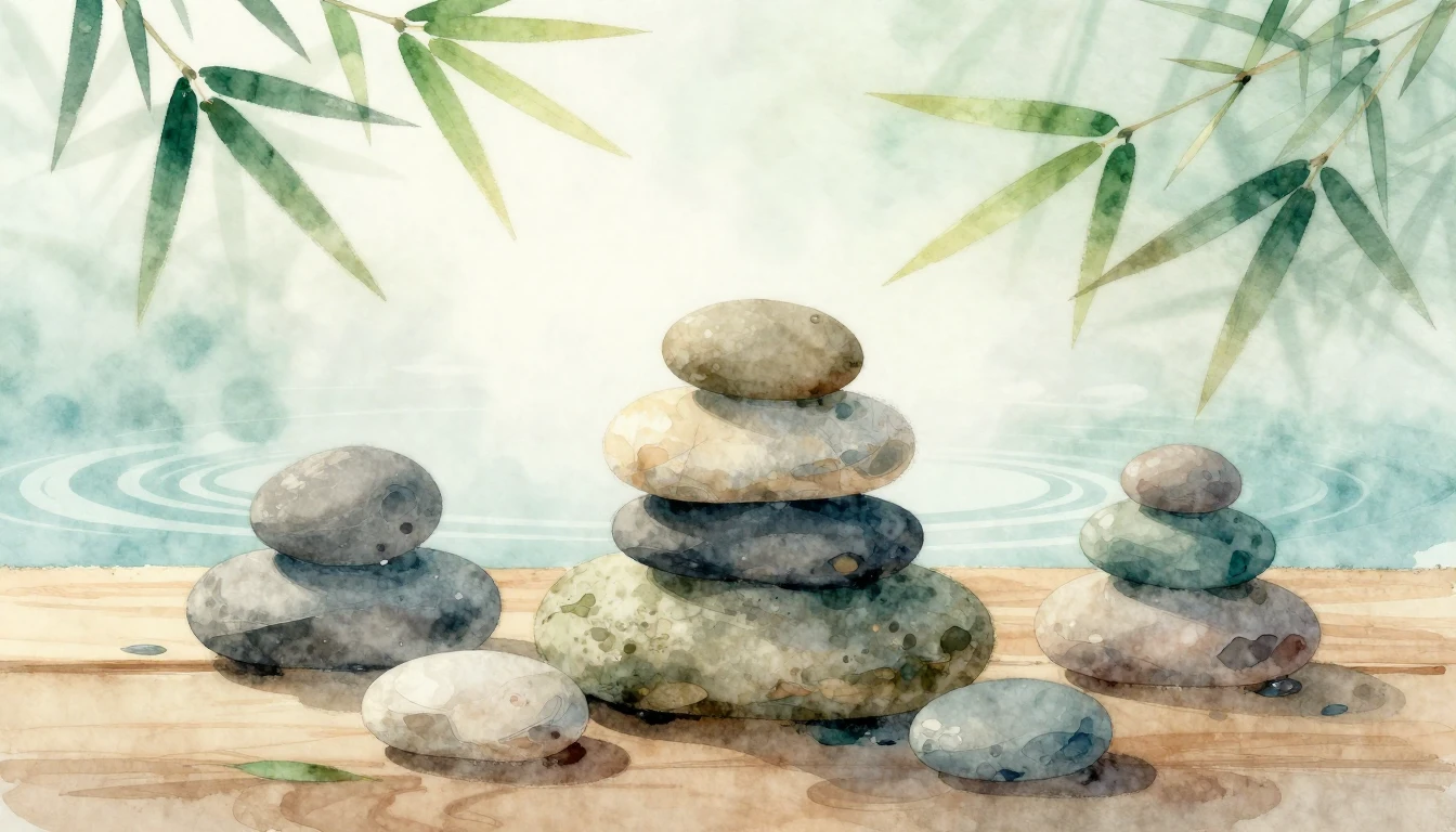 A delicate watercolor painting of smooth, stacked zen stones...
