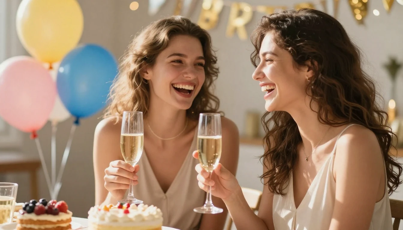 A warm and celebratory image featuring two young women laugh...