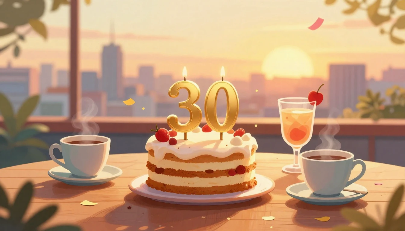 A warm and nostalgic illustration celebrating a 30th birthda...