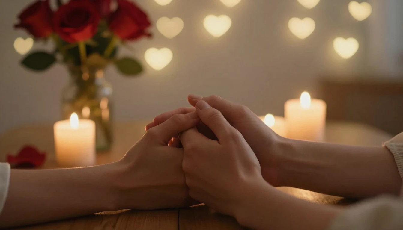 A romantic and cozy atmosphere, a close-up of two hands hold...