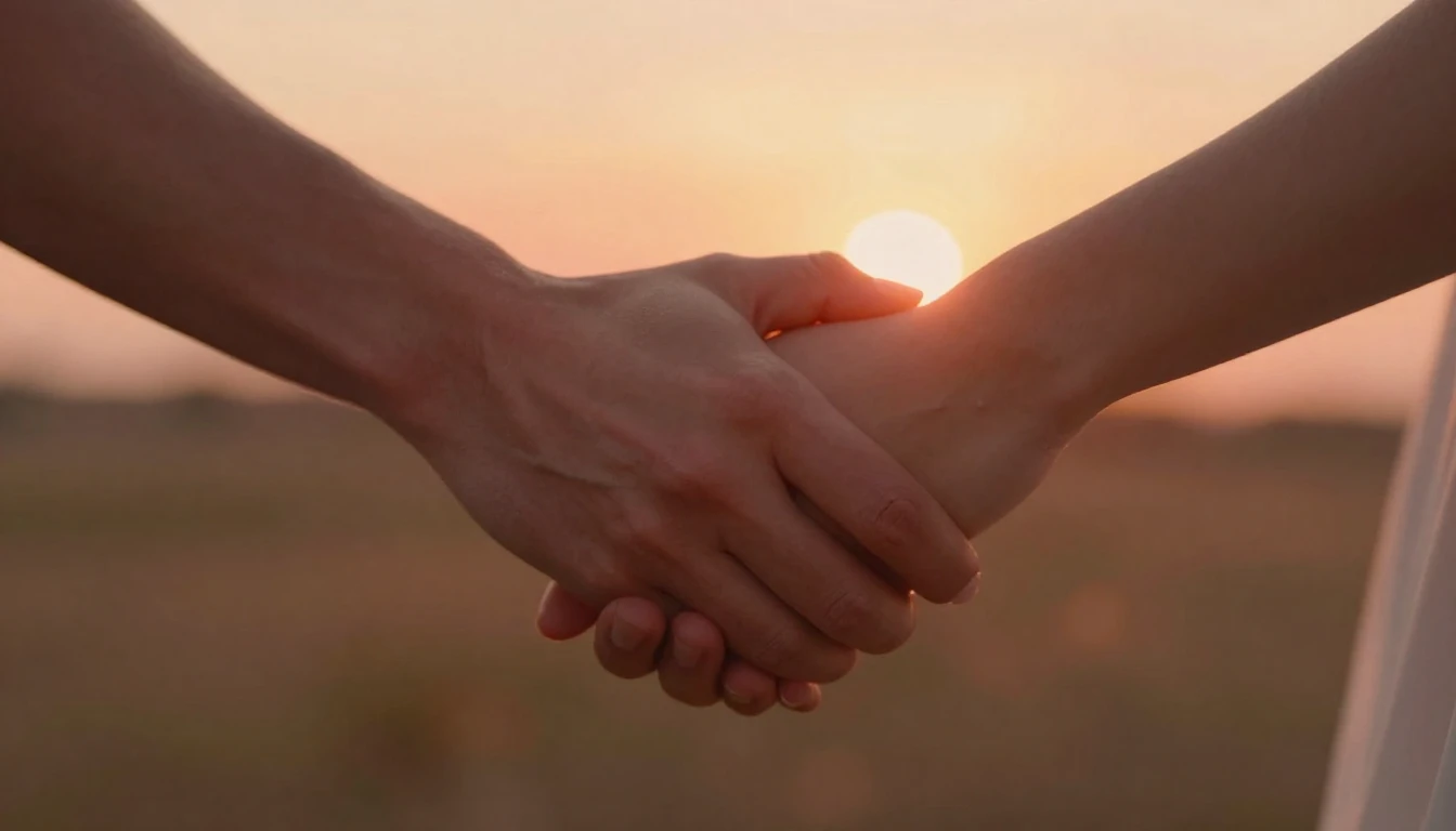 A romantic close-up shot of a couple holding hands with inte...