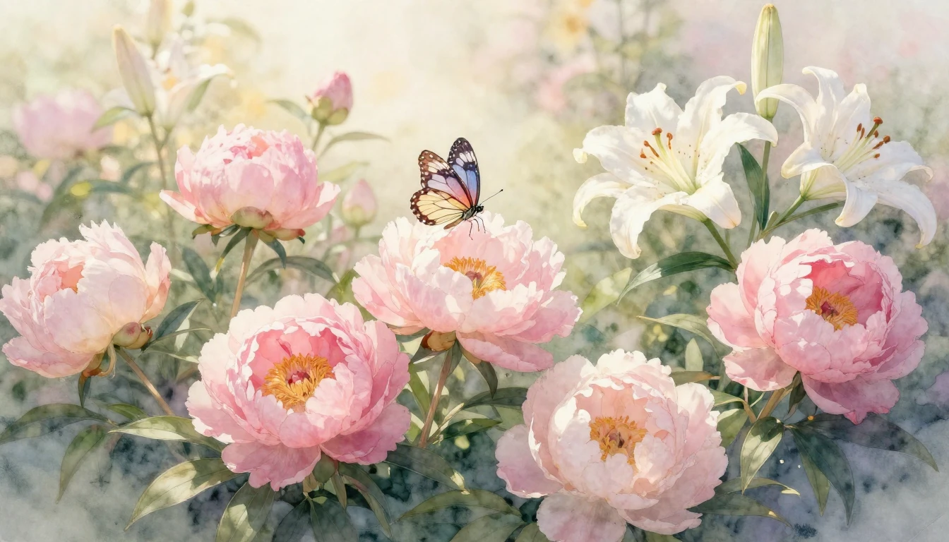 A beautiful watercolor painting of a blooming garden filled ...