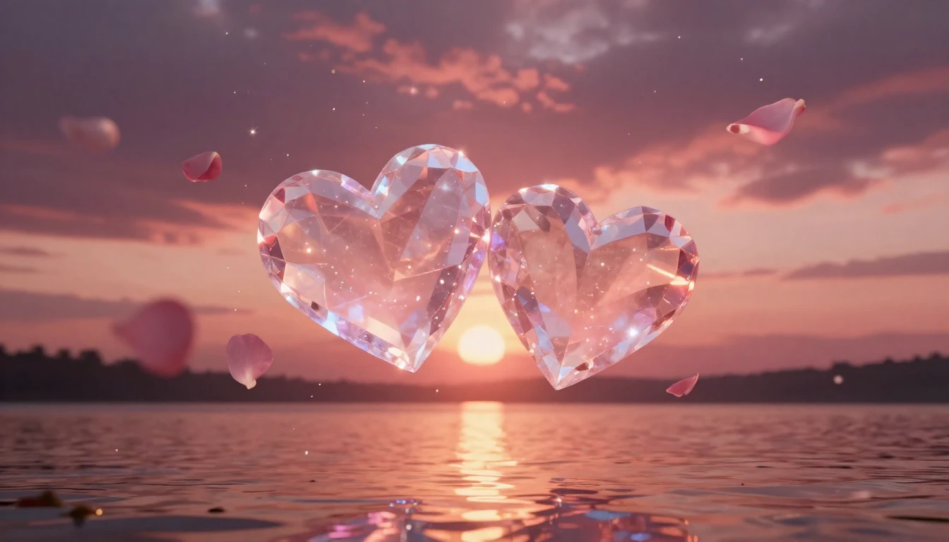 A breathtaking scene of two glowing crystalline hearts float...
