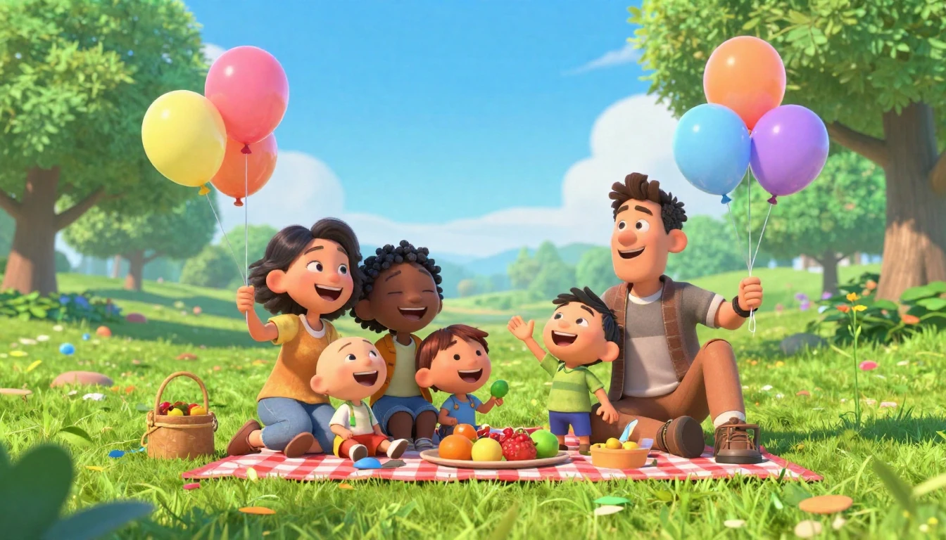 A joyful 3D animated style scene of a happy diverse family c...
