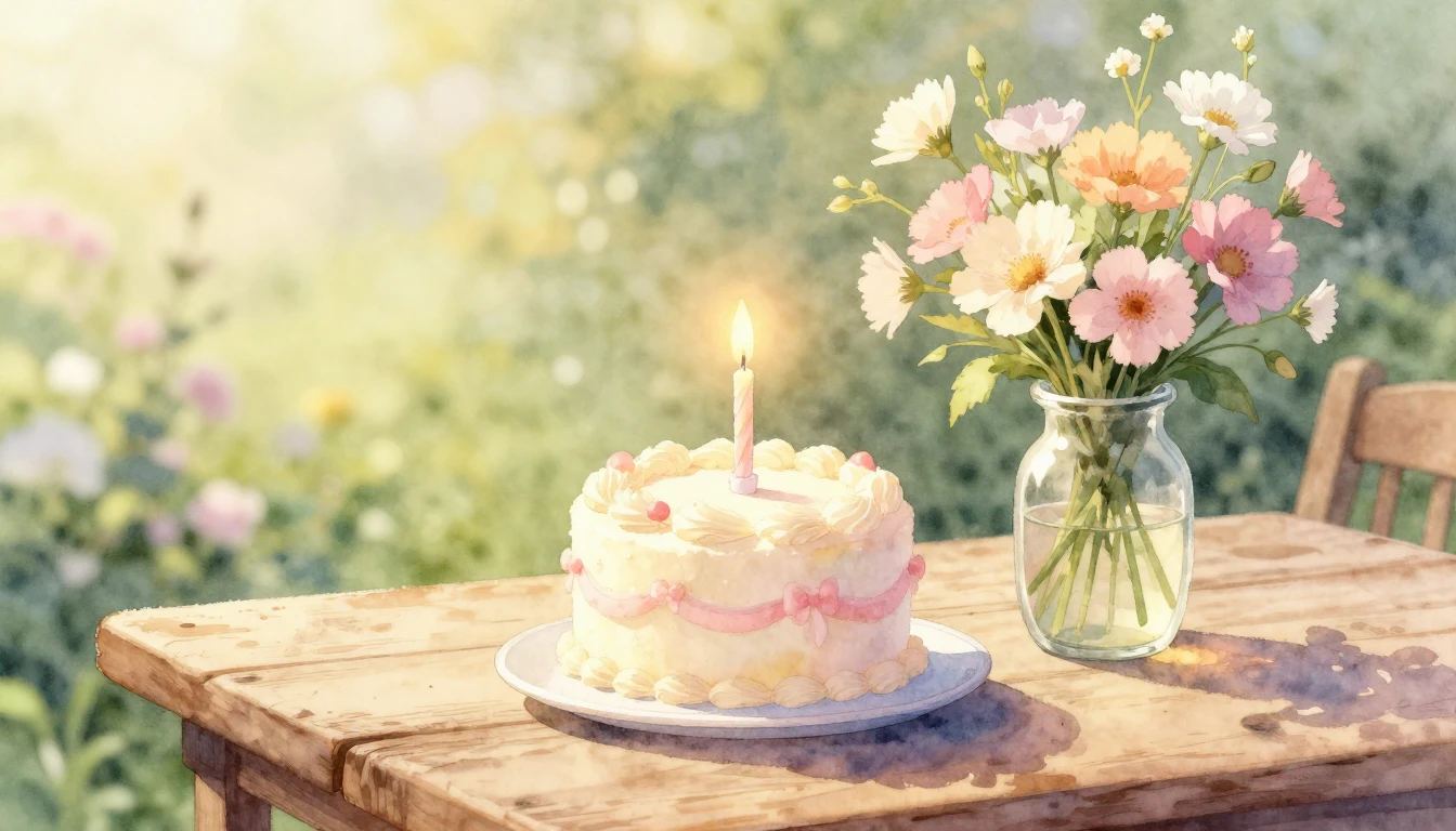 A delicate watercolor painting of a small, elegant birthday ...