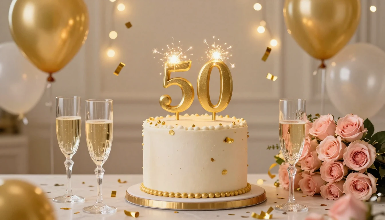 An elegant and festive birthday composition celebrating a 50...