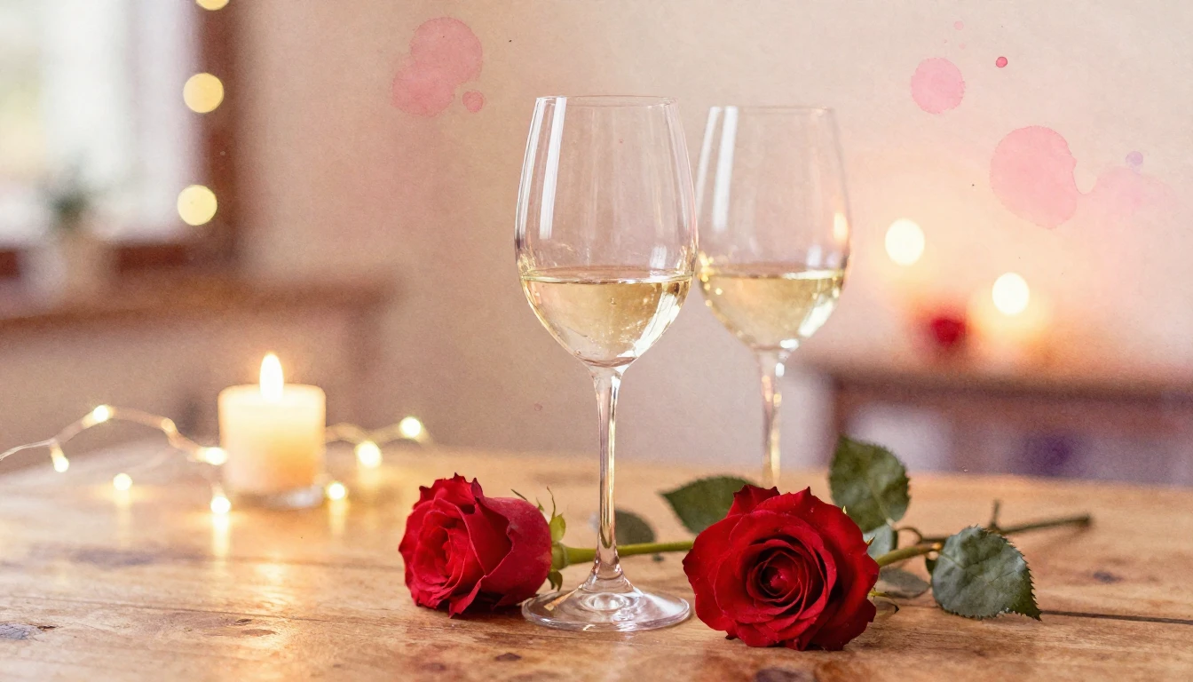 A soft watercolor painting of two elegant wine glasses stand...