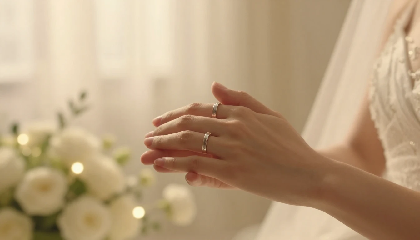 A cinematic close-up shot of a newlywed couple's hands gentl...