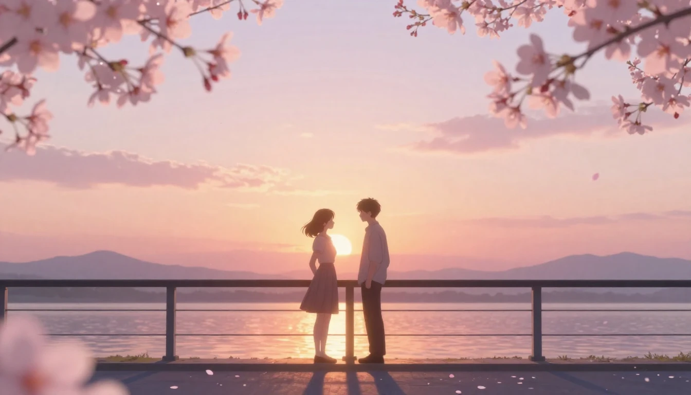 A serene and romantic scene featuring two delicate silhouett...