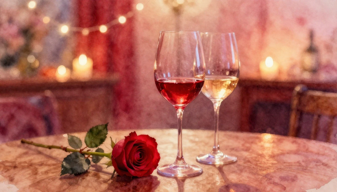 A soft and dreamy watercolor painting of two elegant wine gl...