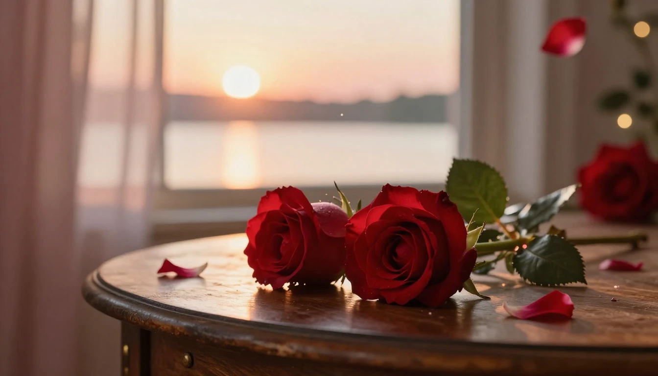 A beautiful and delicate scene featuring two intertwined red...