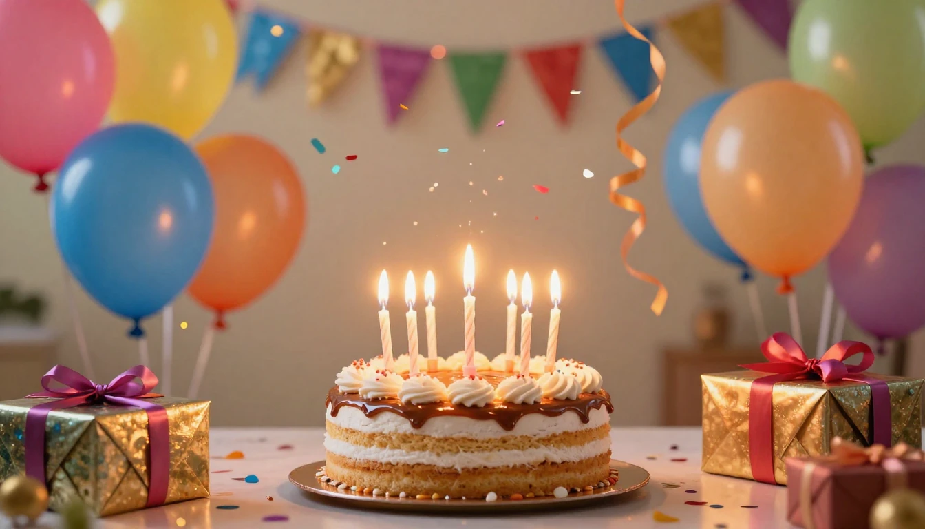 A vibrant and festive birthday celebration scene, centered a...