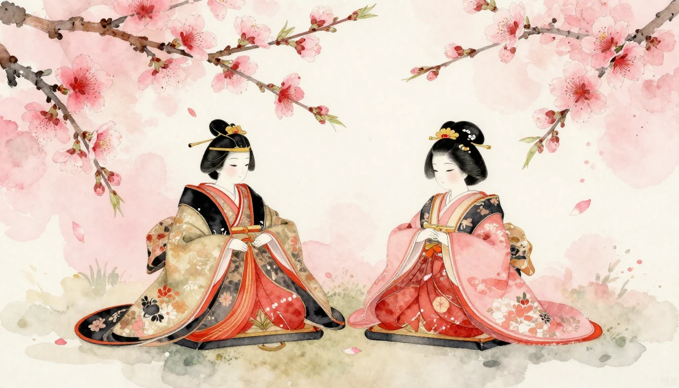 A delicate watercolor painting of traditional Hina dolls, sp...