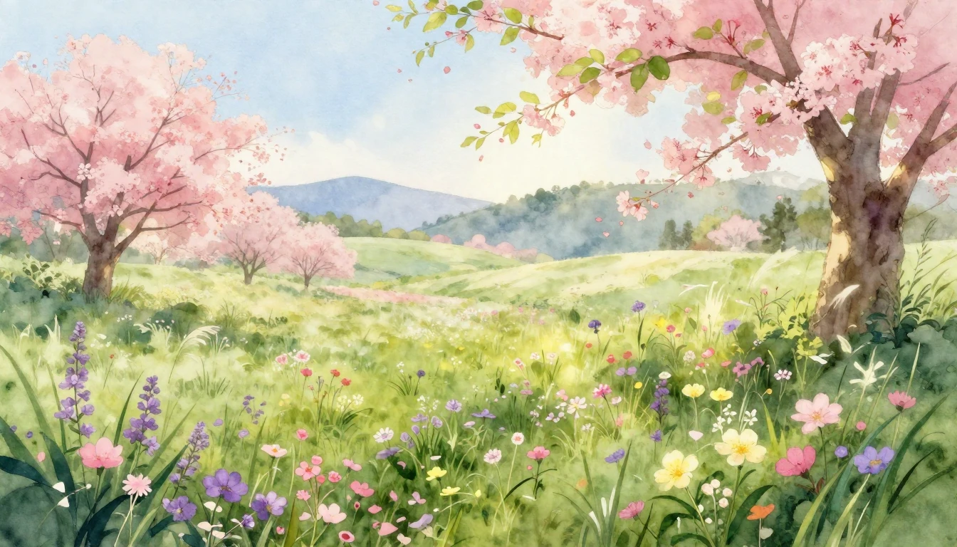 A breathtaking watercolor painting of a lush meadow at dawn....