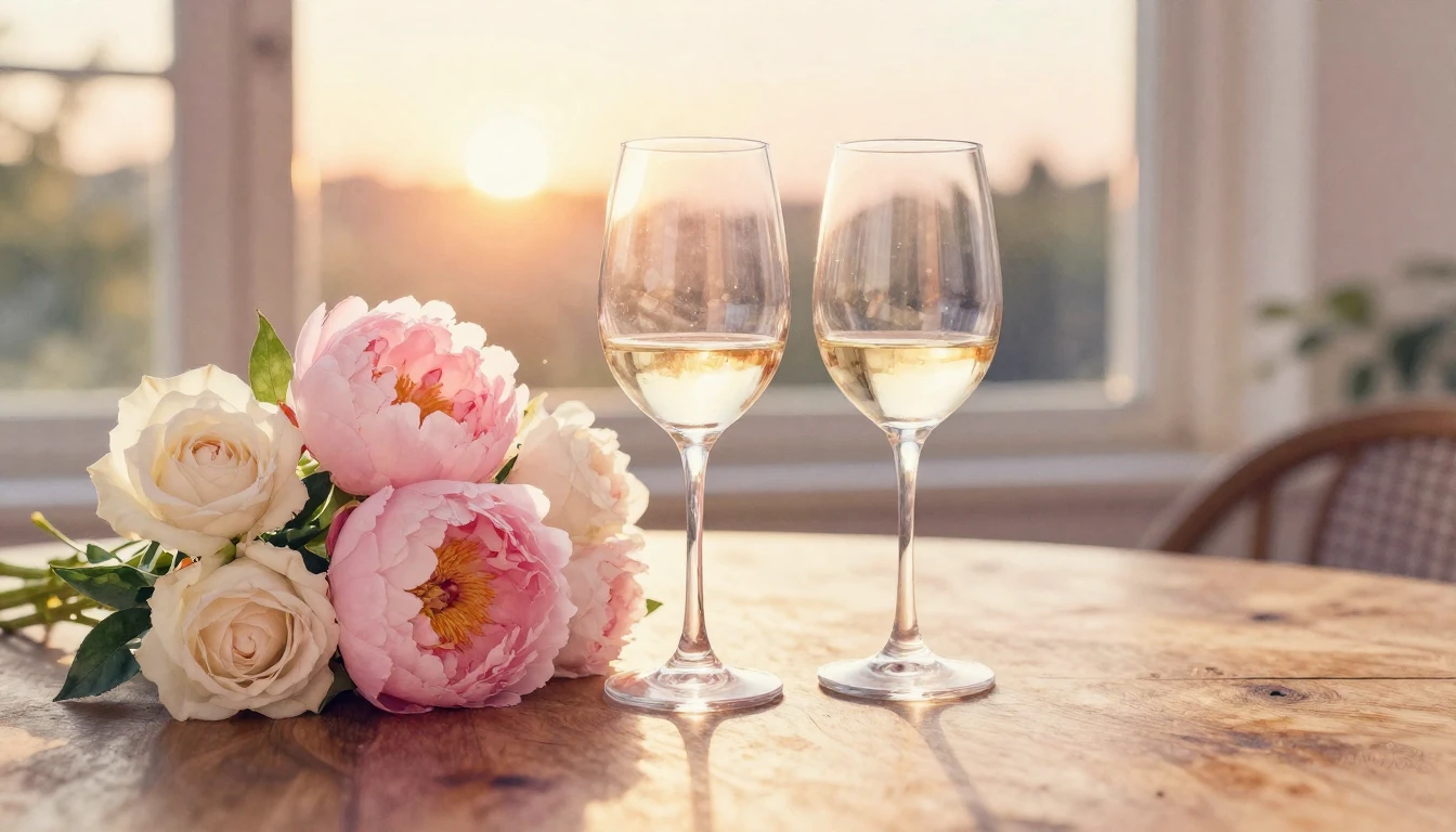 A delicate watercolor painting of two elegant wine glasses s...