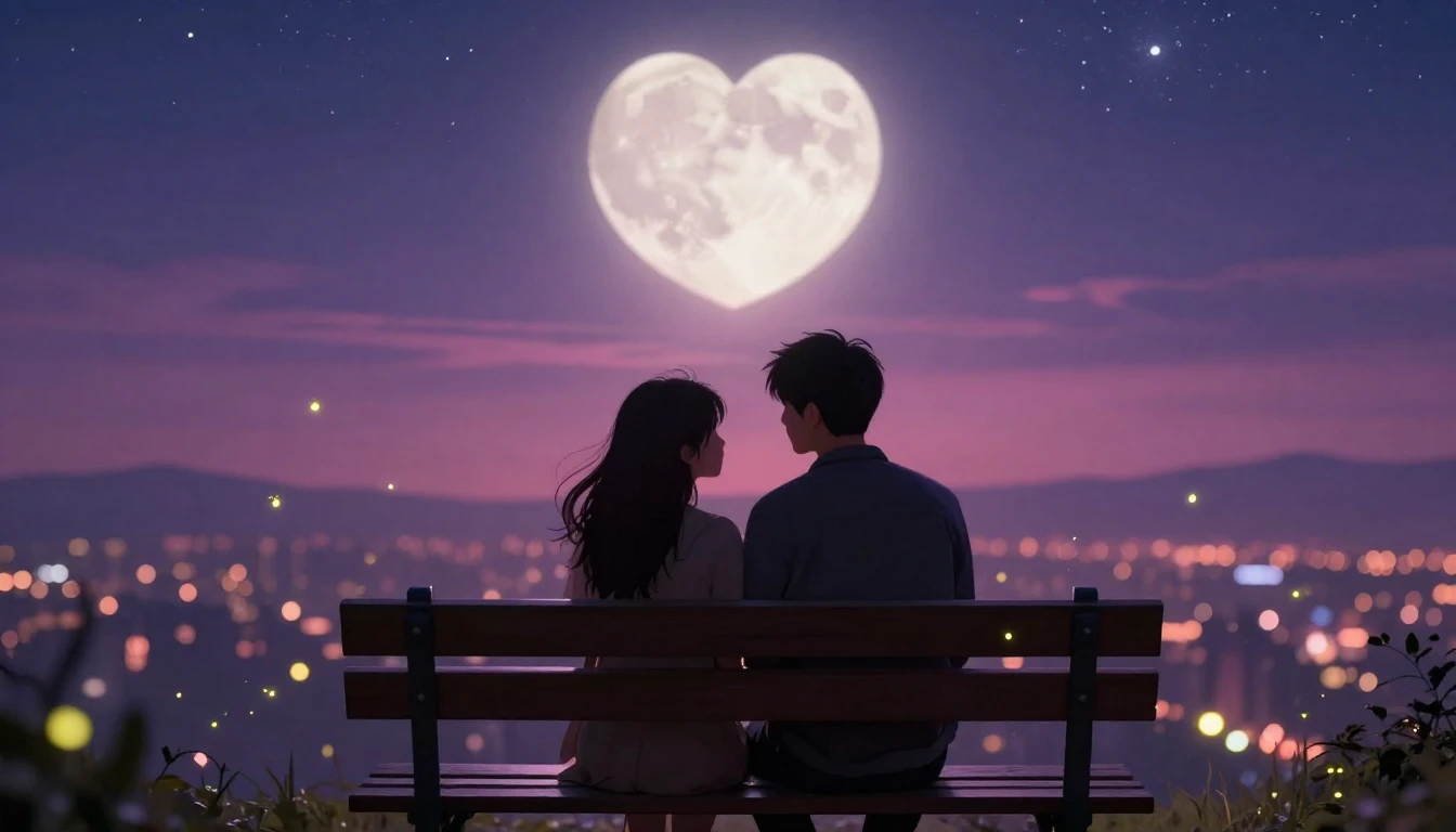 A romantic digital art scene featuring two silhouettes sitti...