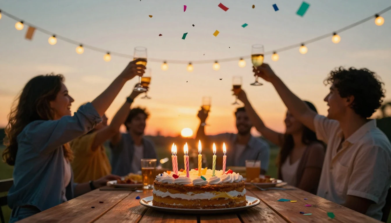 A vibrant and joyful scene of a birthday celebration outdoor...