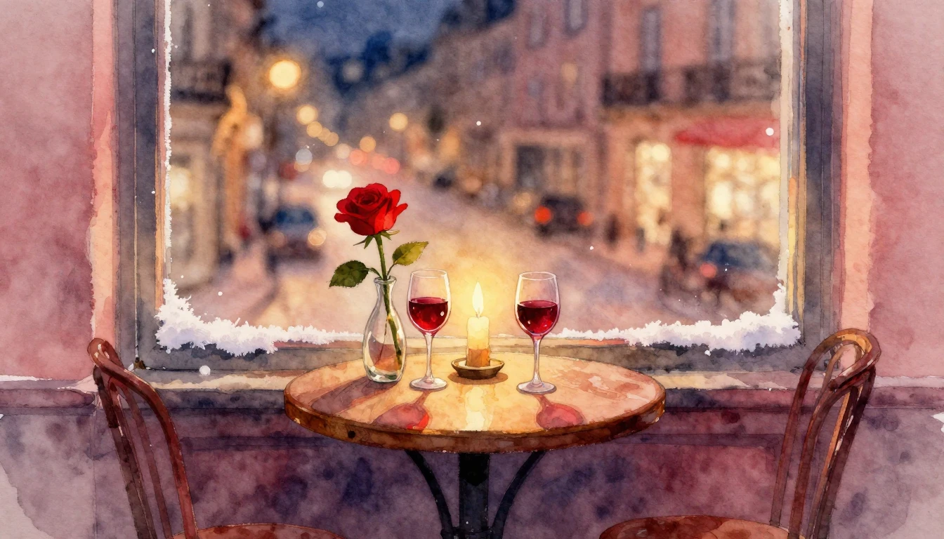 A romantic watercolor painting of a cozy evening scene. A sm...