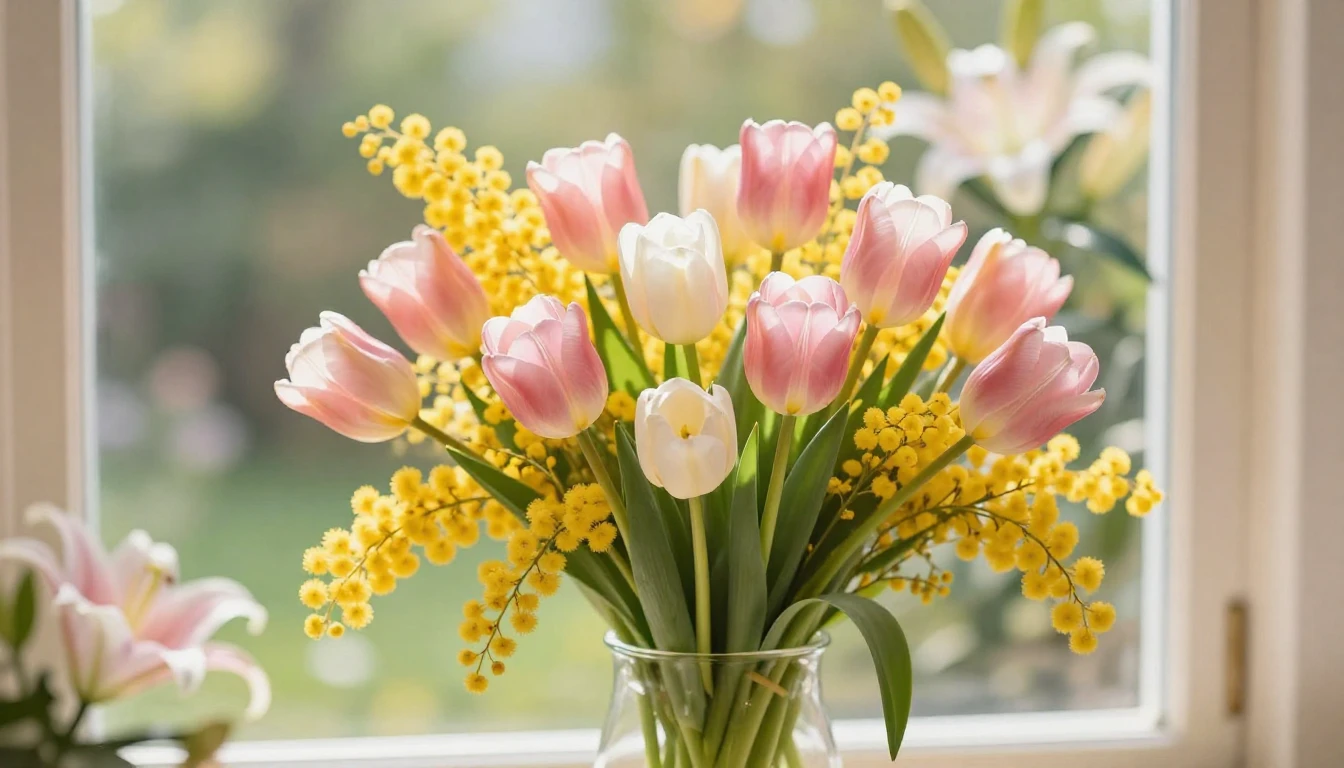 A beautiful and vibrant spring scene featuring a lush bouque...