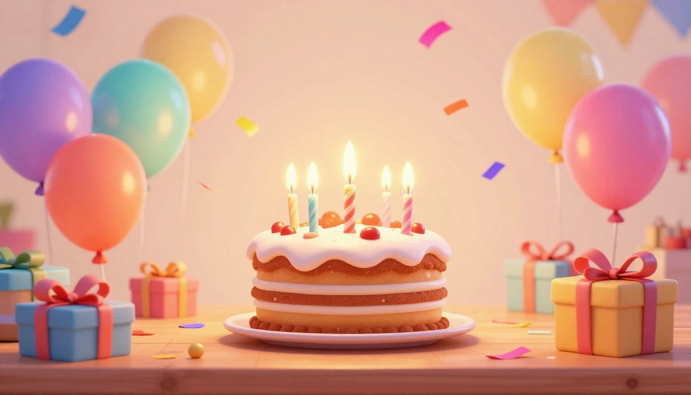 A vibrant and colorful birthday celebration scene in a cute ...