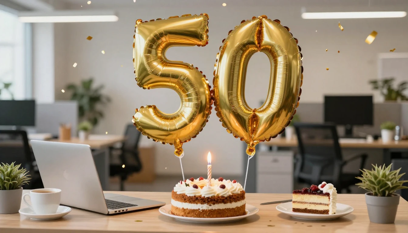 A festive office desk scene celebrating a 50th birthday. In ...