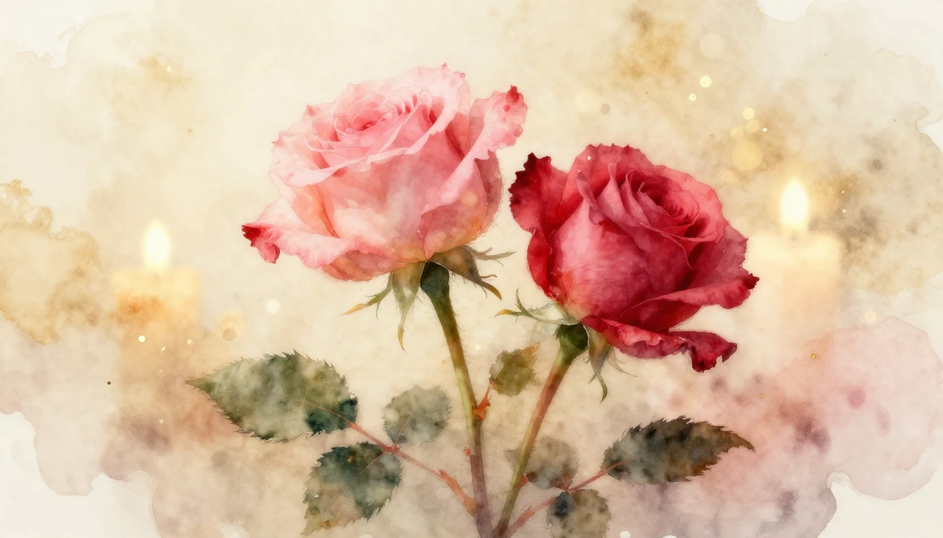 A delicate watercolor painting of two intertwined rose stems...