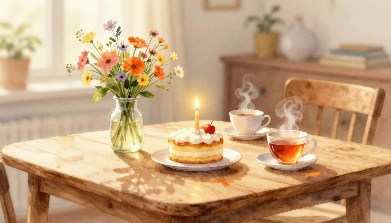A beautiful watercolor painting of a cozy wooden table bathe...