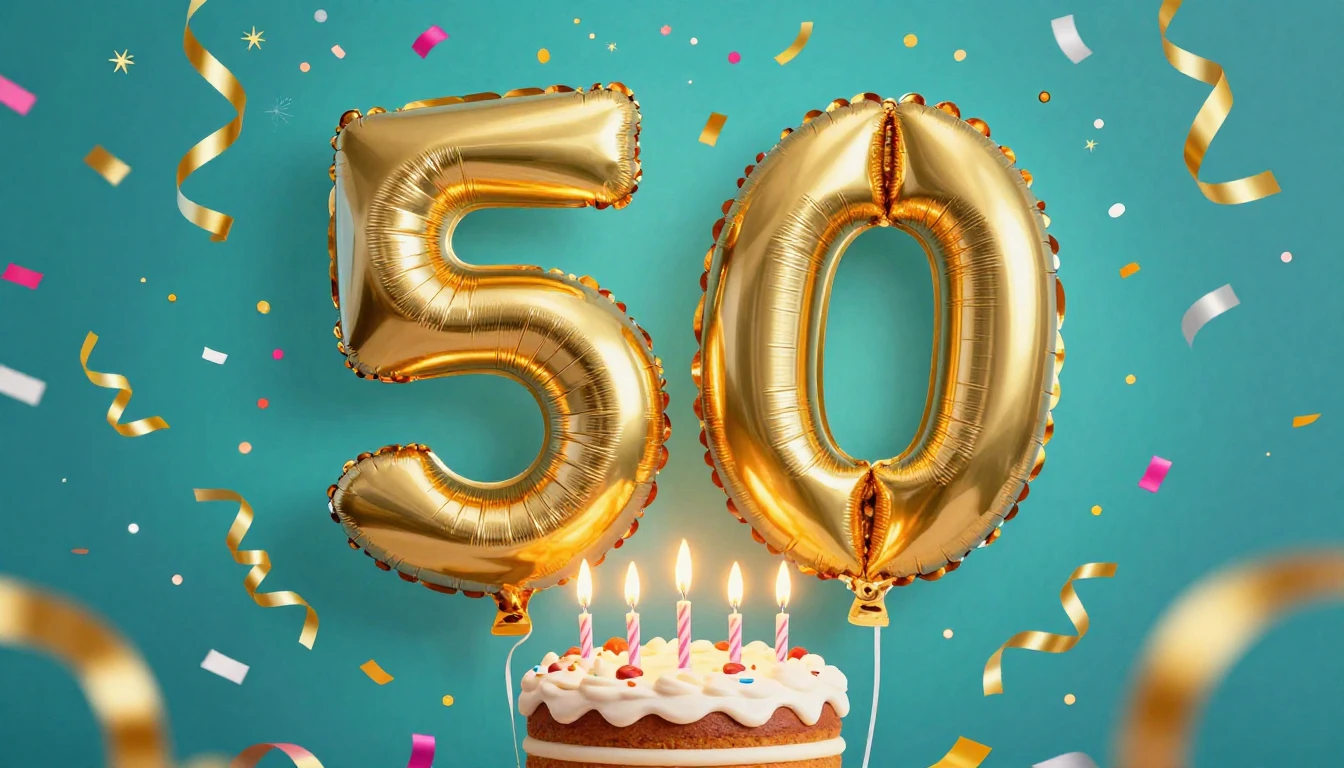 A festive and vibrant 50th birthday composition featuring la...