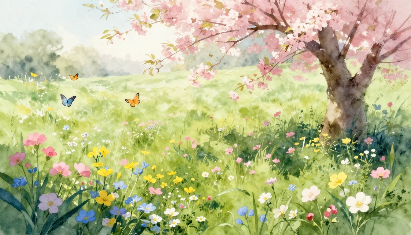 A vibrant watercolor painting of a lush spring meadow filled...