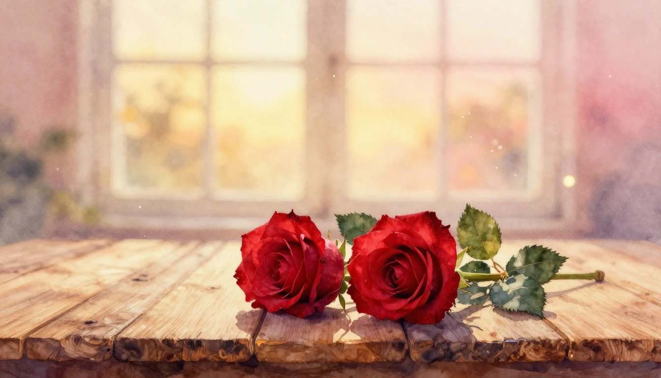 A soft watercolor painting of two delicate red roses leaning...