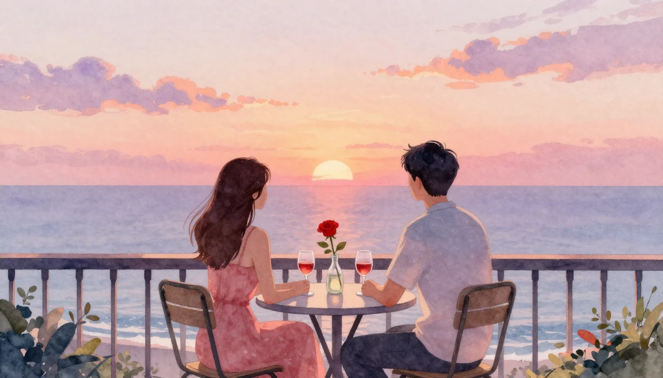 A romantic watercolor painting of a couple sitting at a smal...