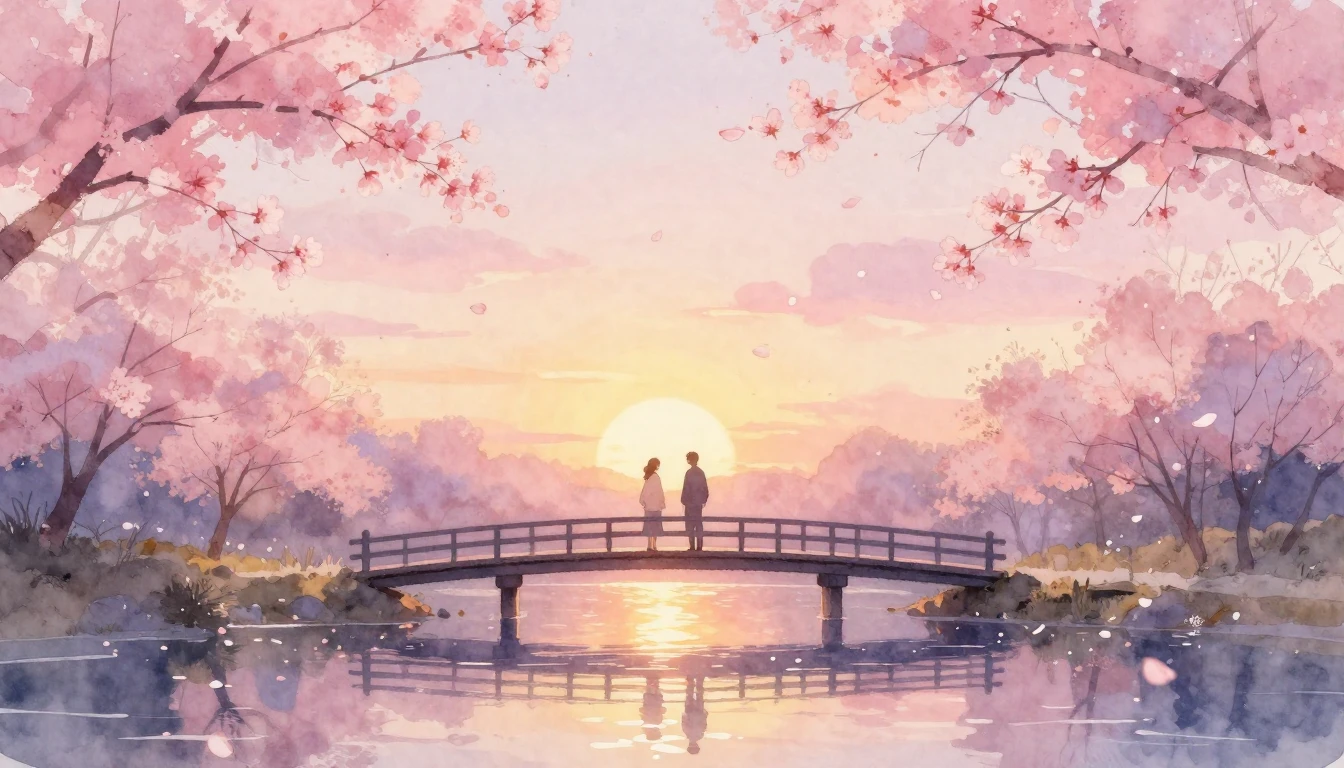A dreamlike watercolor painting of two silhouettes standing ...