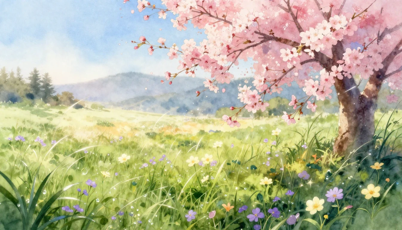 A vibrant watercolor painting of a lush meadow at dawn. Deli...