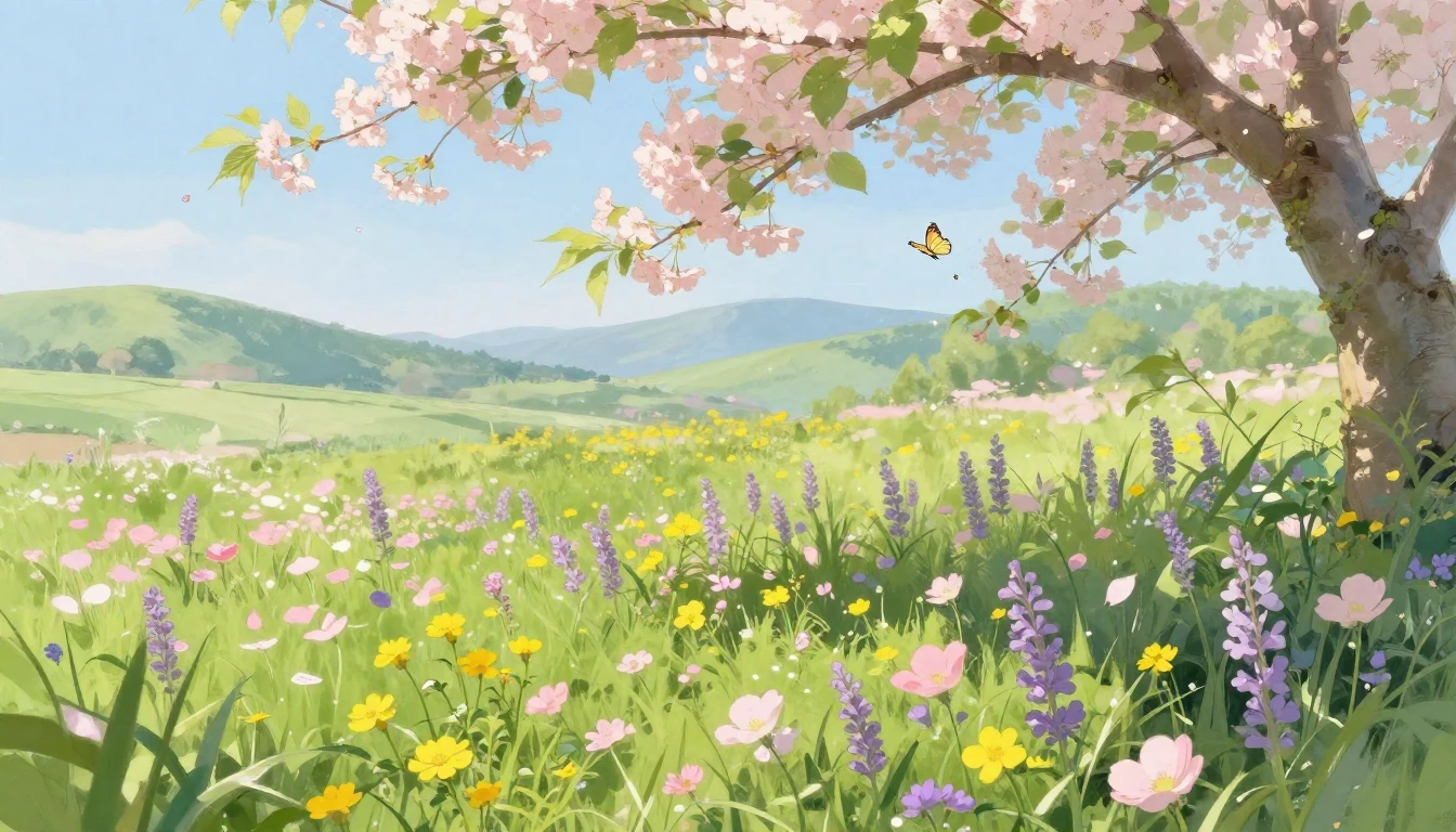 A lush, vibrant meadow filled with blooming wildflowers in s...