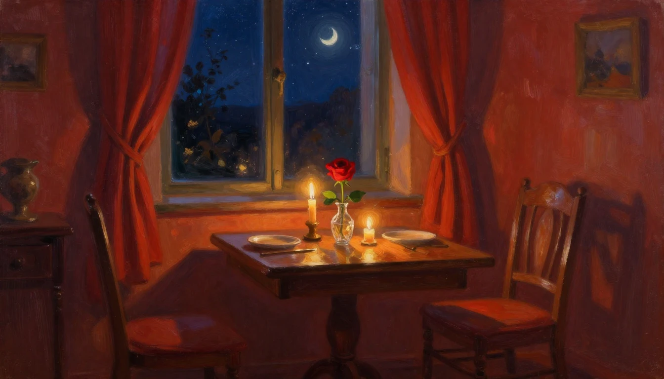 A lush oil painting of a cozy, dimly lit room at dusk. A sma...
