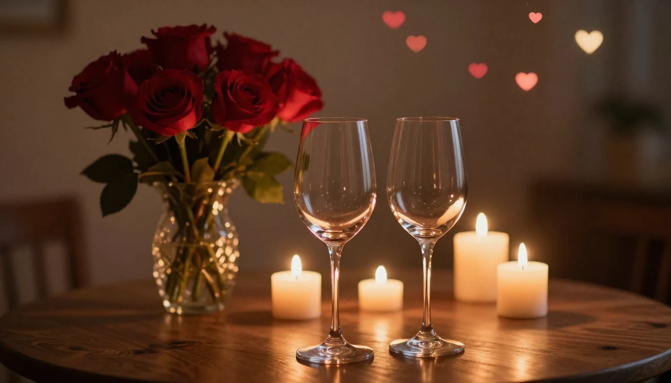 A serene and romantic scene featuring two elegant wine glass...