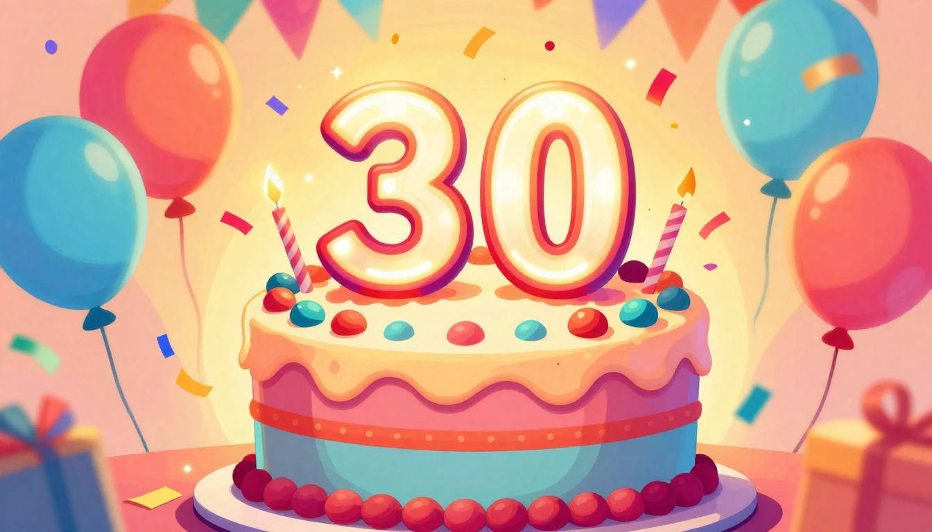 A vibrant and festive illustration of a stylish birthday cak...