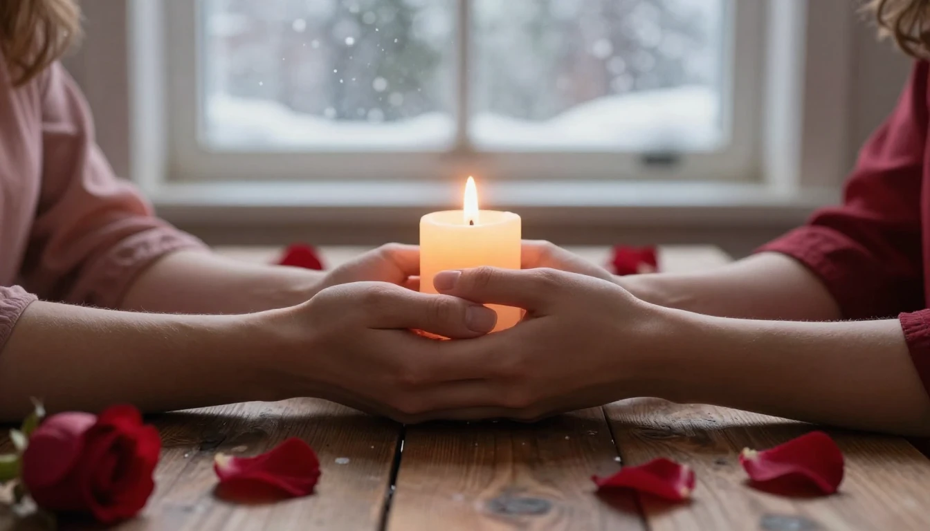 A romantic and dreamy scene focusing on two hands holding ea...