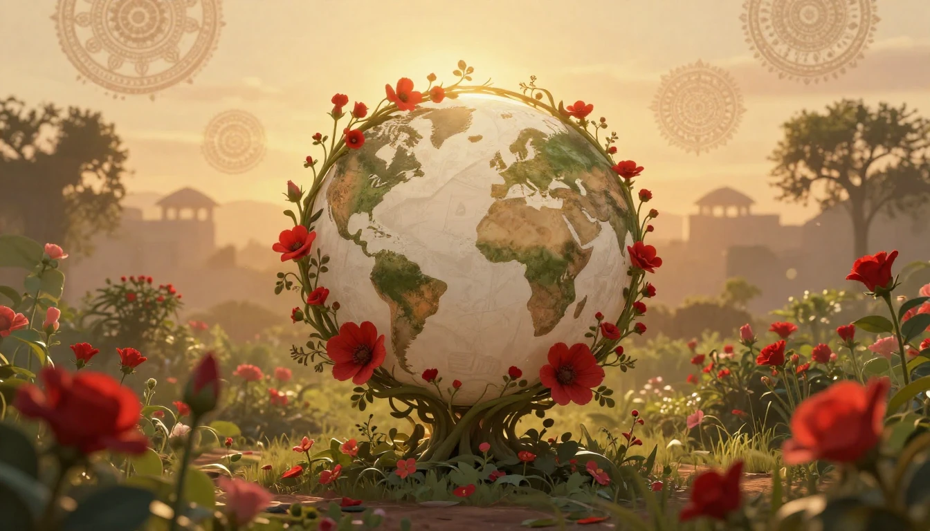 An artistic illustration of a lush, blooming garden under a ...