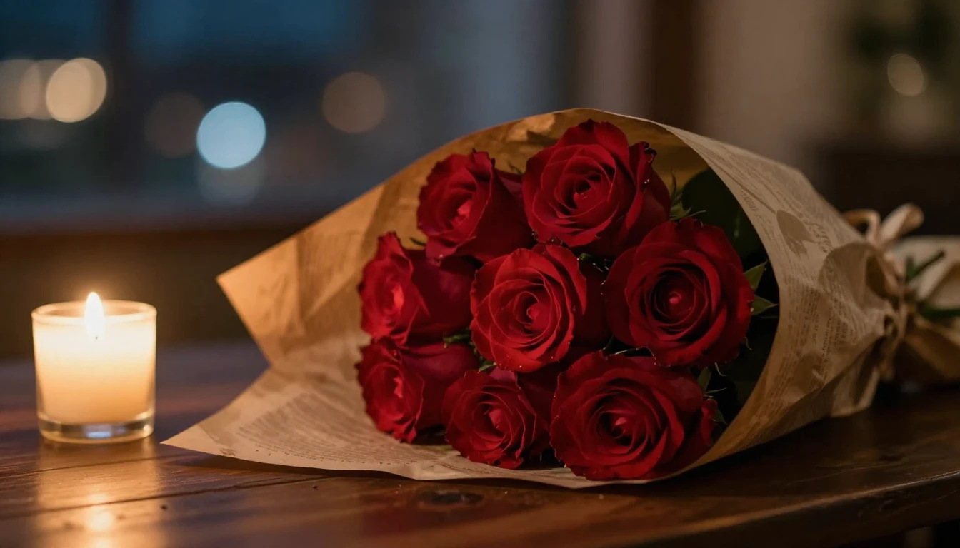 A romantic cinematic close-up of a bouquet of deep red roses...